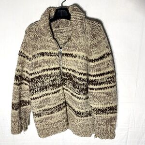 Vintage Cream Brown Handmade Hand Knit Cowichan Style  Zip Cardigan Sweater S